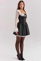 Cleora Black Lace Ruffle Mini Dress