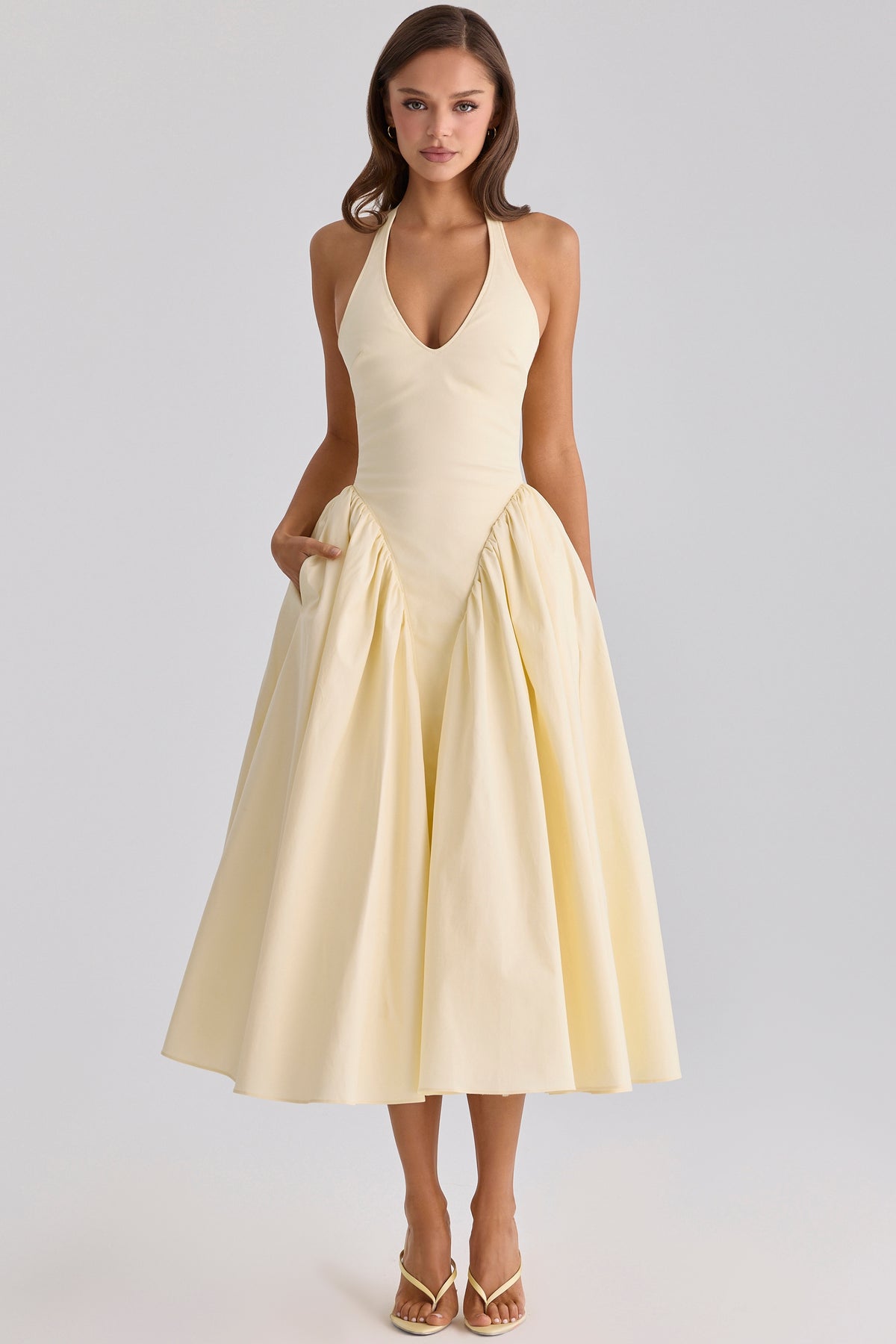 Marilyn Lemon Cotton Halter Neck Midi Sundress