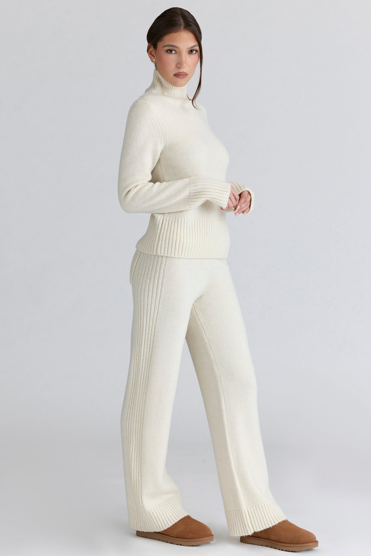 Lara Ivory Merino Wool Ribbed Knit Trousers