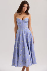 Steffani Blue Daisy Print Stretch Cotton Midi Sundress