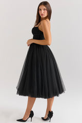 Countess Black Tulle Ruched Bodice Midi Dress