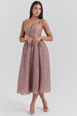Lovely French Rose Jacquard Sweetheart Neckline Midi Dress