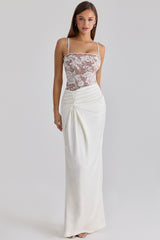 Eliette White Embellished Lace and Satin Maxi Dress