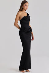Caprice Black Satin One Shoulder Maxi Dress