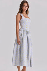 Emmy Blue Wildflower Print Cotton Midi Sundress