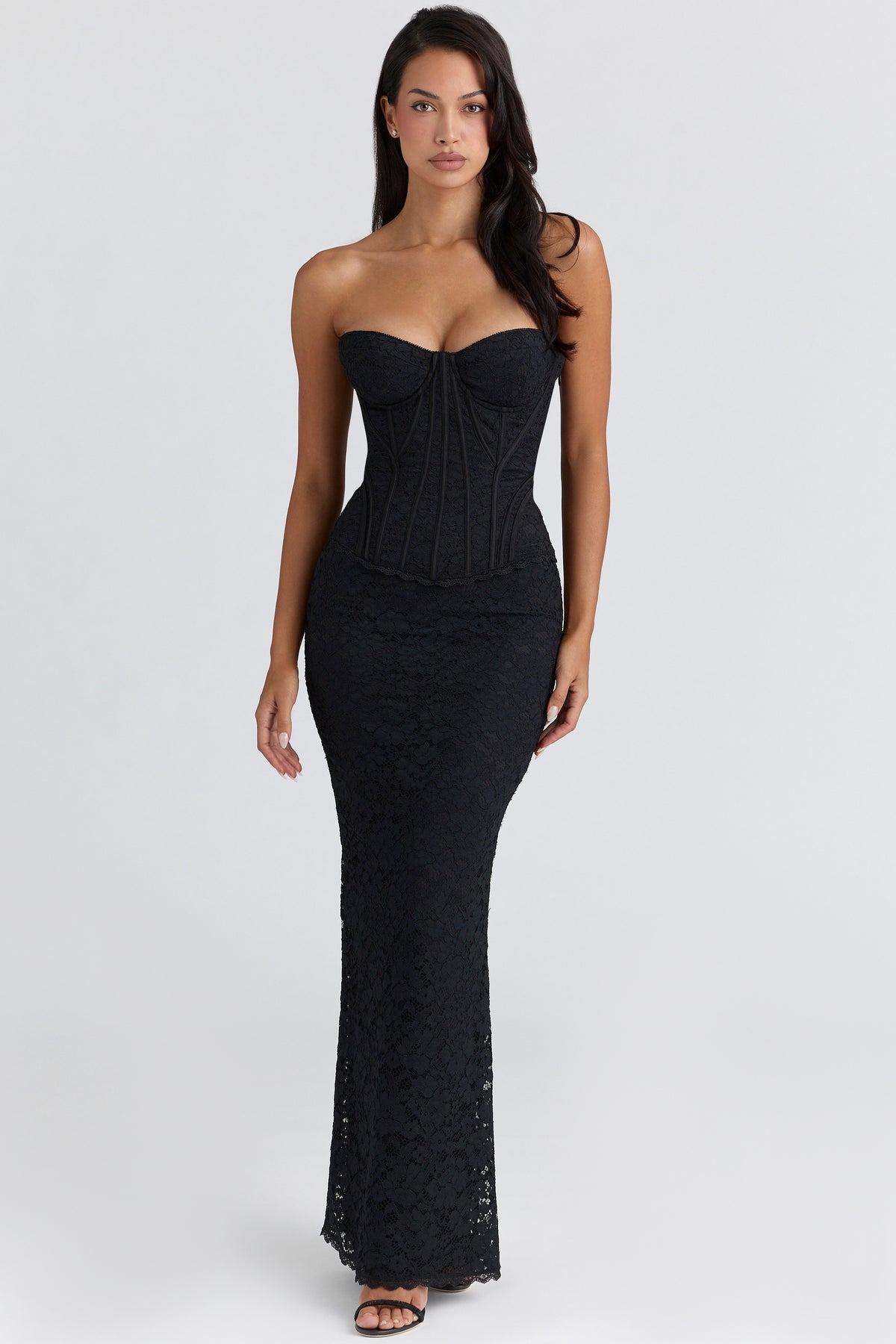 Solaine Black Lace Corset Maxi Dress
