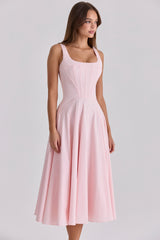Jaime Pink Cotton Lace Up Midi Sundress