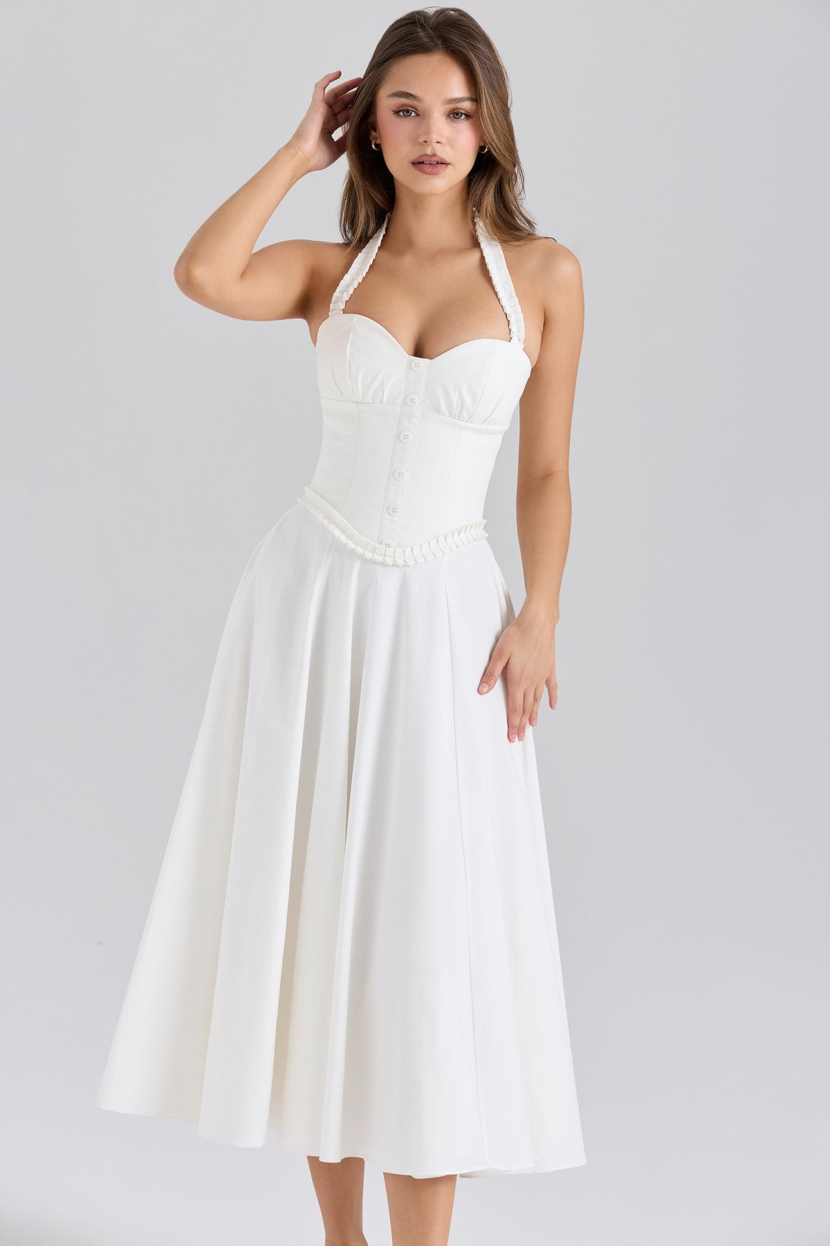 Georgie White Stretch Cotton Halter Neck Midi Dress