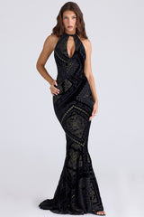 Oliviana Black & Gold Devore Velvet Maxi Gown