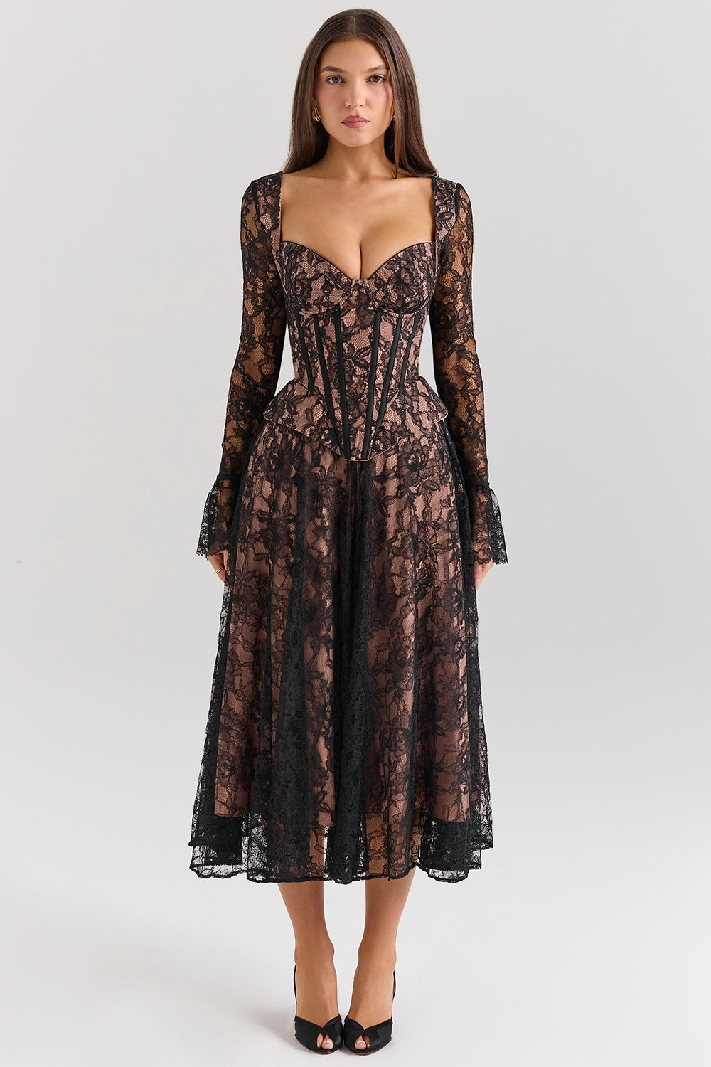 Raquel Black Lace Corset Midi Dress