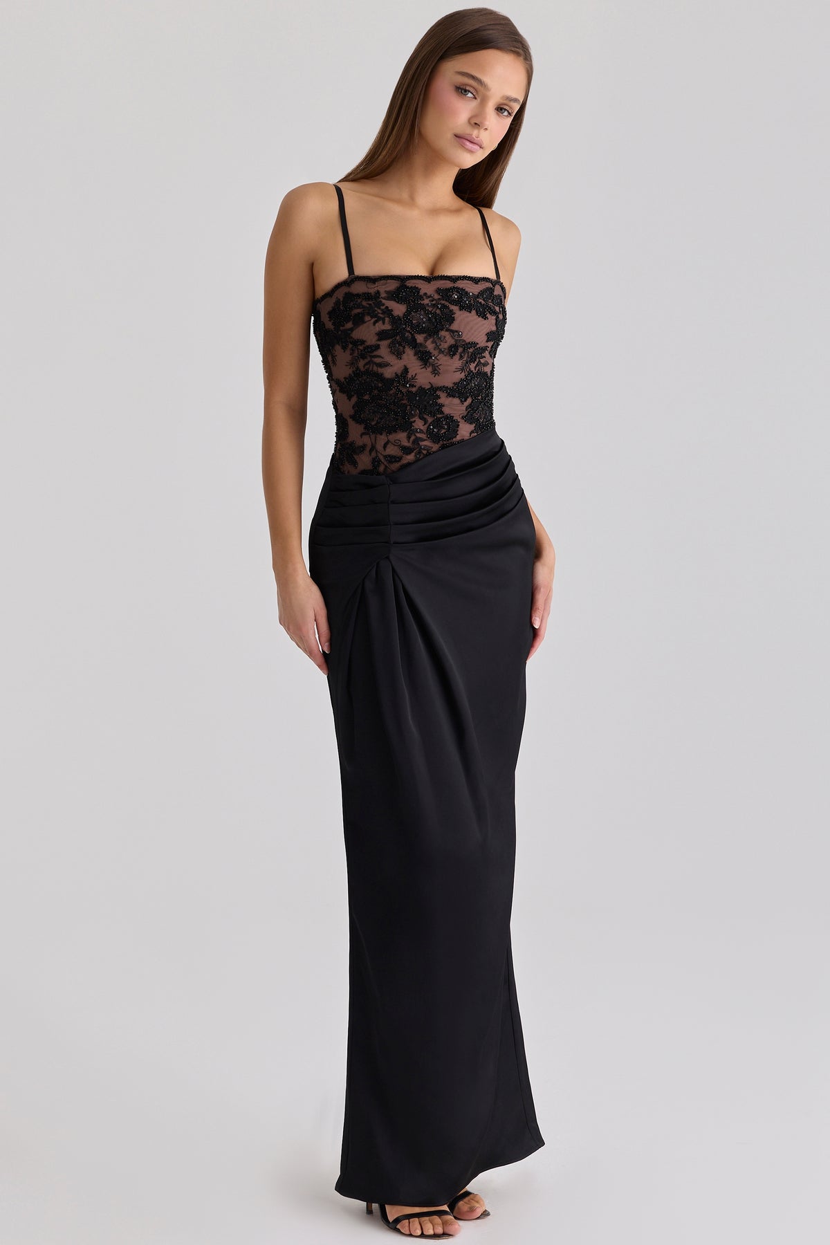 Eliette Black Embellished Lace + Satin Maxi Dress