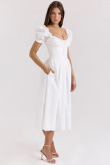 Lulabell White Stretch Cotton Puff Sleeve Midi Dress