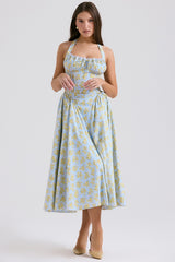 Adabella Soft Blue Vintage Floral Print Cotton Halter Sundress