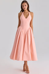 Marilyn Peach Cotton Halter Neck Midi Sundress