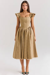 Alessandra Gold Jacquard Midi Dress with Detachable Bow