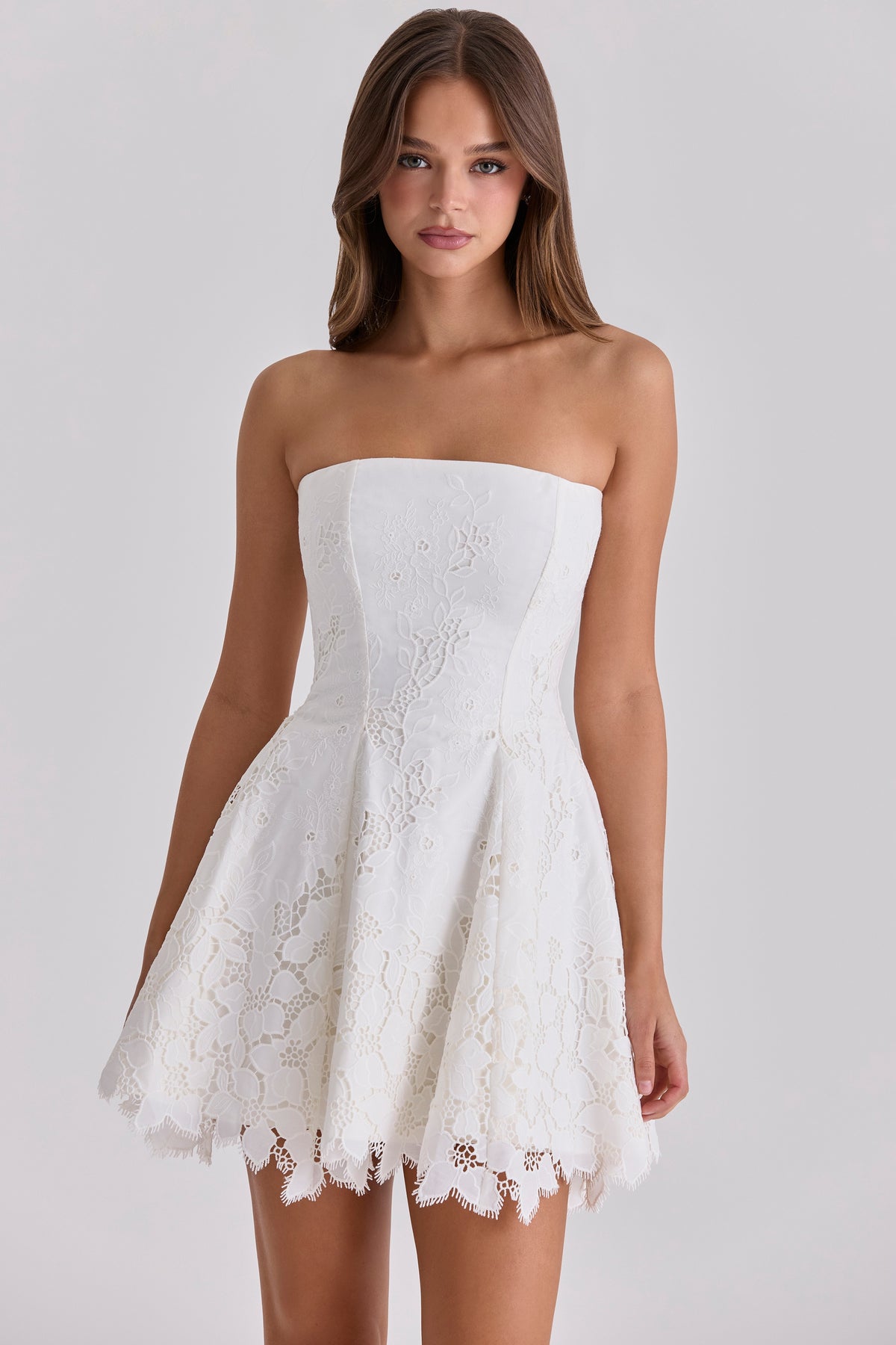 Jemima White Strapless Custom Lace Broderie Anglaise Mini Dress