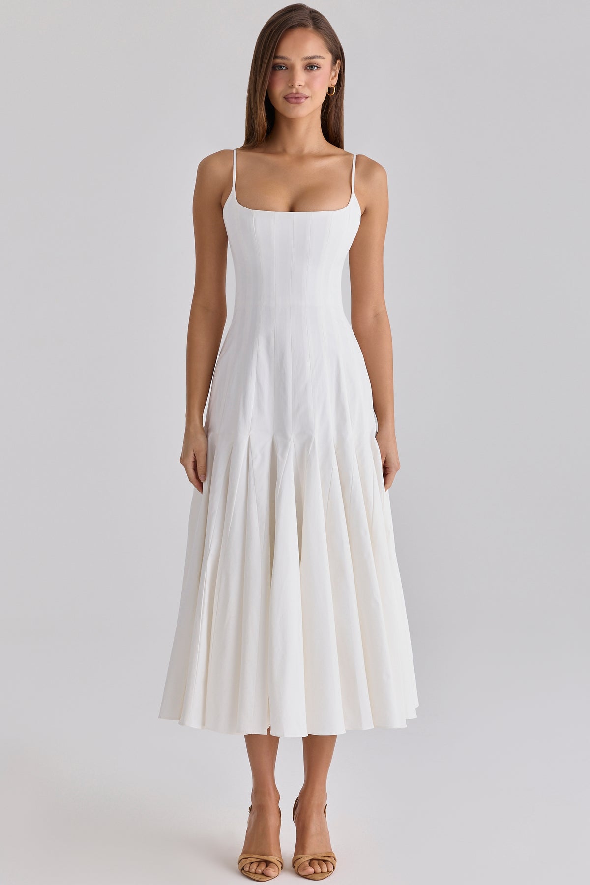 Vionne White Pleated Cotton Godet Midi Dress