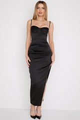 Flora Black Satin Pleated Corset Midi Dress