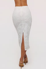 Cecilia White Cotton Placement Lace Broderie Anglaise Midi Skirt