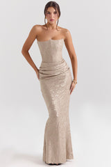Persephone Pale Gold Chiffon Mesh Strapless Corset Maxi Dress