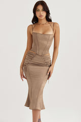 Sidonie Latte Satin Lace Up Midi Skirt