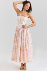 Ysabella Peach Floral Print Stretch Cotton Midi Sundress