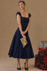 Raisa Navy Lace Back Twill Midi Dress
