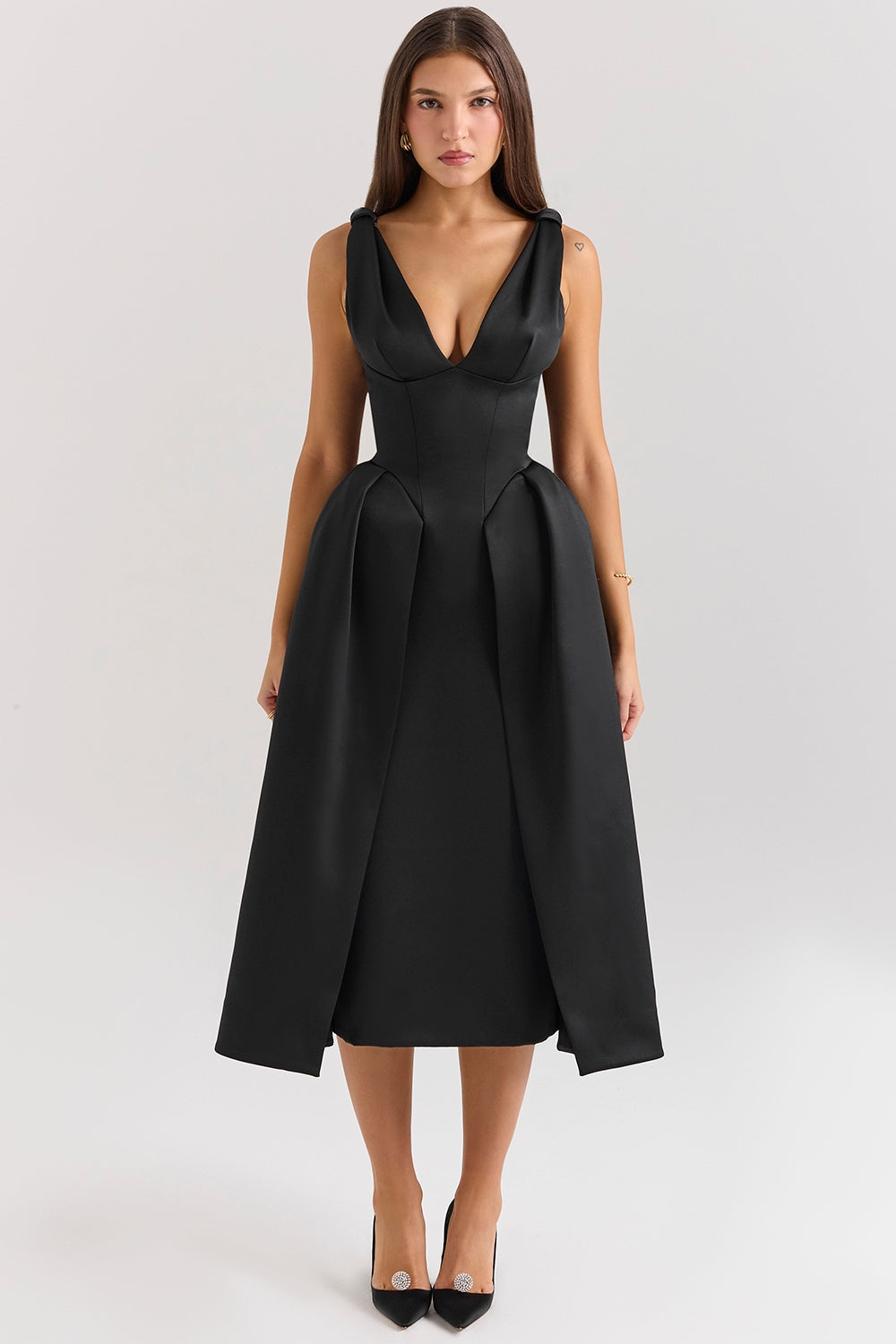 Paloma Black Satin Twist Strap Midi Dress