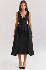 Paloma Black Satin Twist Strap Midi Dress