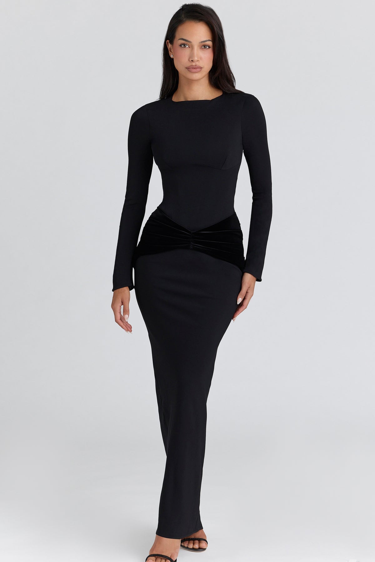 Athena Black Long Sleeve Crepe Jersey Maxi Dress