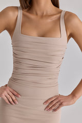 Calandra Taupe Stretch Crepe Ruched Maxi Dress