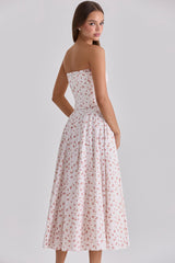 Gina White Rose Print Strapless Cotton Maxi Dress