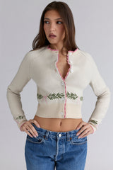 Mistle-Bow Cream Jacqard Wool Cardigan