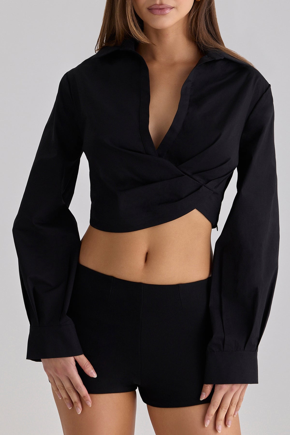 Ivara Black Long Sleeve Cropped Cotton Shirt