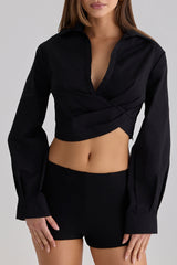 Ivara Black Long Sleeve Cropped Cotton Shirt