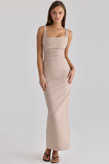 Calandra Taupe Stretch Crepe Ruched Maxi Dress