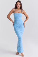 Eva Tuscan Blue Embroidered Floral Maxi Dress