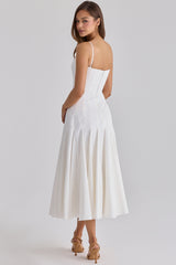 Vionne White Pleated Cotton Godet Midi Dress