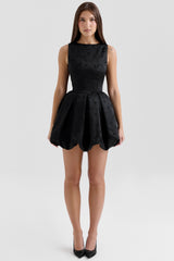Melika Black Backless Embroidered Mini Puffball Dress