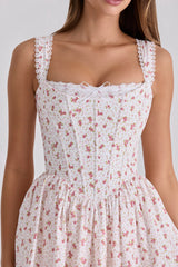 Ami White Rose Print Cotton Corset Mini Dress