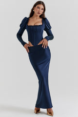 Charlene Navy Satin Bias Cut Maxi Skirt