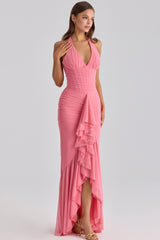 Carmine Raspberry Mesh Halter Neck Waterfall Maxi Dress