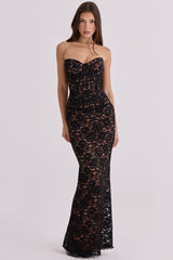 Solaine Black + Blush Lace Corset Maxi Dress
