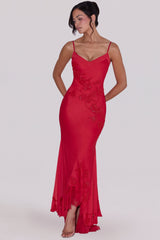 Anastelle Red Hand Beaded Embellished Satin Maxi Dress - Limited Edition