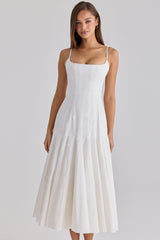 Vionne White Pleated Cotton Godet Midi Dress
