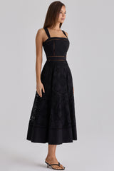 Ava Black Cotton Placement Broderie Anglaise Midi Dress
