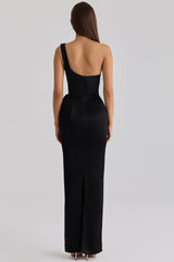 Caprice Black Satin One Shoulder Maxi Dress