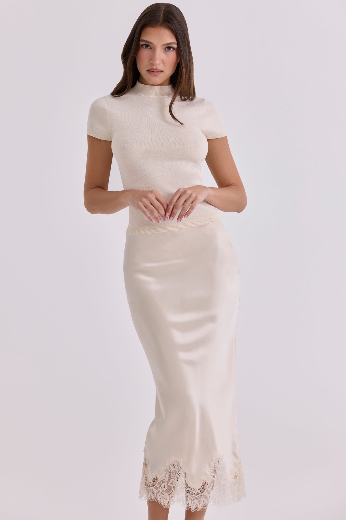 Ciara Vintage Ivory Satin + Lace Midi Skirt