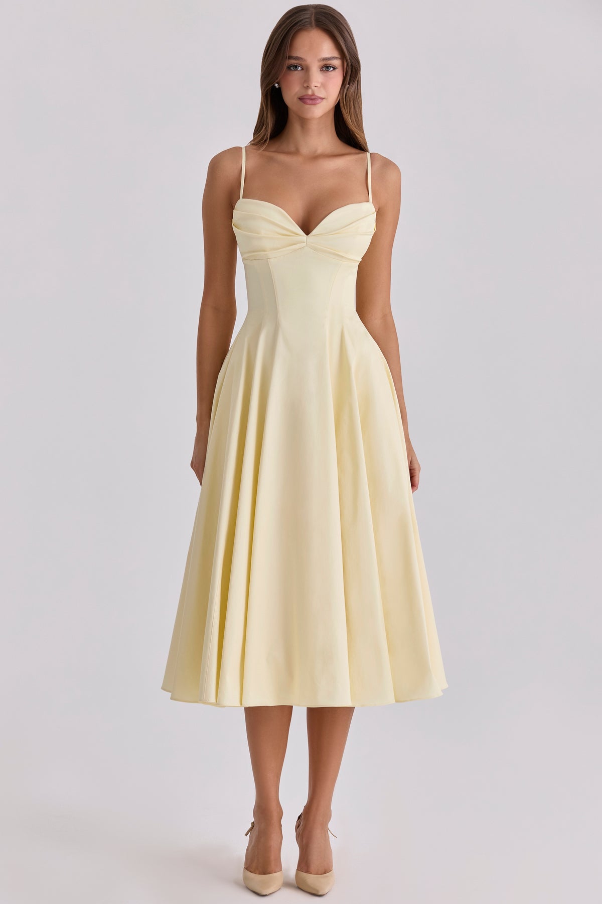 Dahlia Lemon Cotton Princess Cut  Midi Sundress