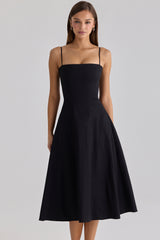 Dolly Black Cotton Flared Midi Sundress